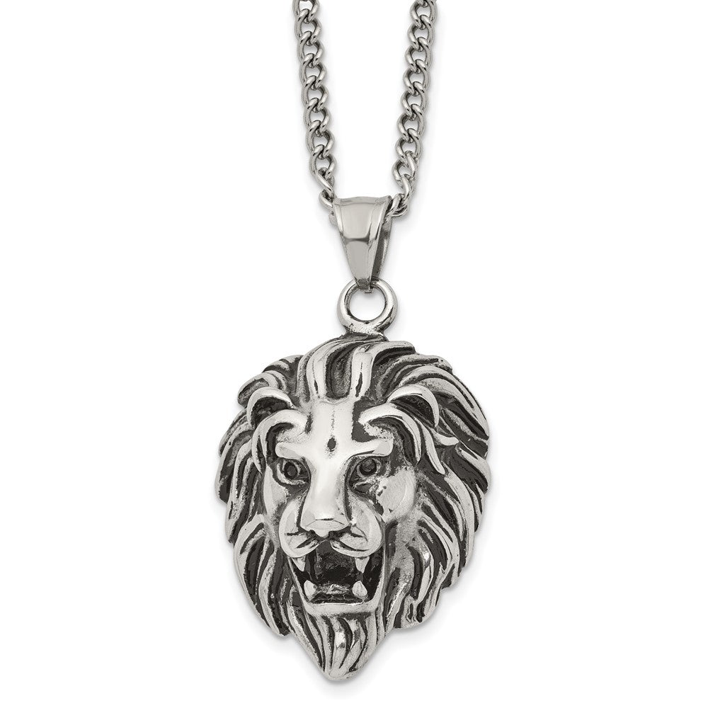 Men&#39;s Stainless Steel Antiqued Large 3D Lion Head Necklace, 24 Inch, Item N23035 by The Black Bow Jewelry Co.