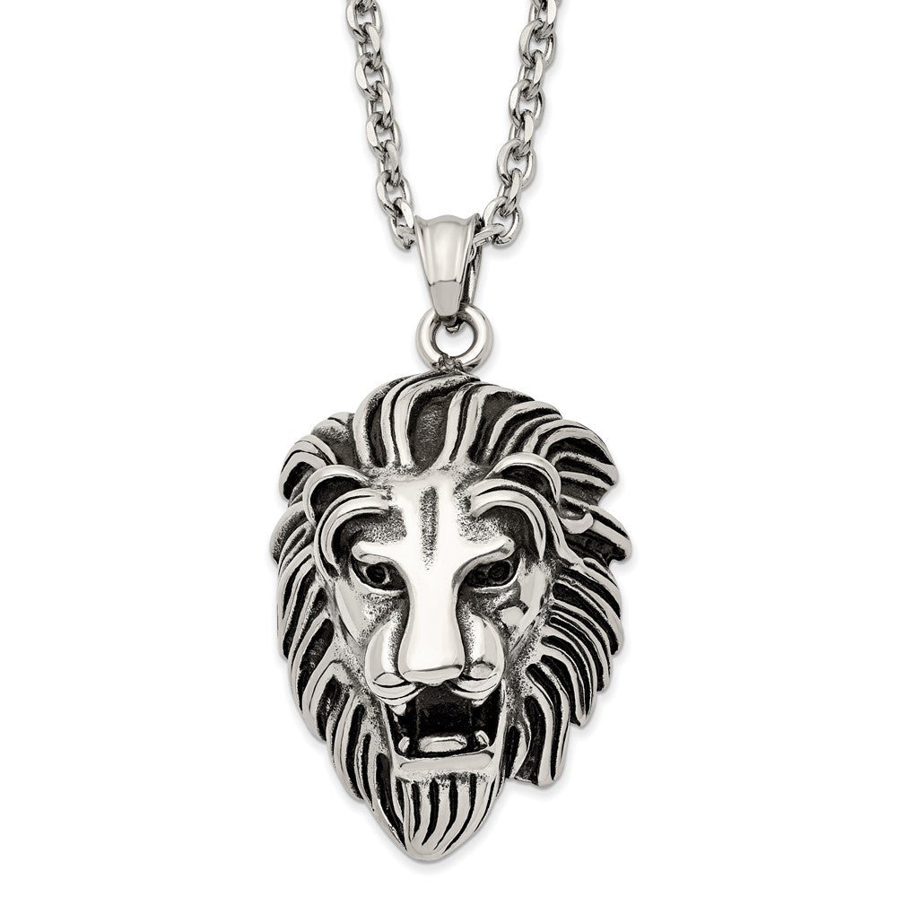 Men&#39;s Stainless Steel Antiqued X-Large 3D Lion Head Necklace, 24 Inch, Item N23036 by The Black Bow Jewelry Co.