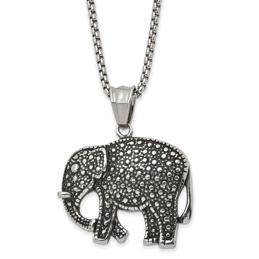 Stainless Steel Antiqued Textured Elephant Necklace, 24 Inch, Item N23037 by The Black Bow Jewelry Co.