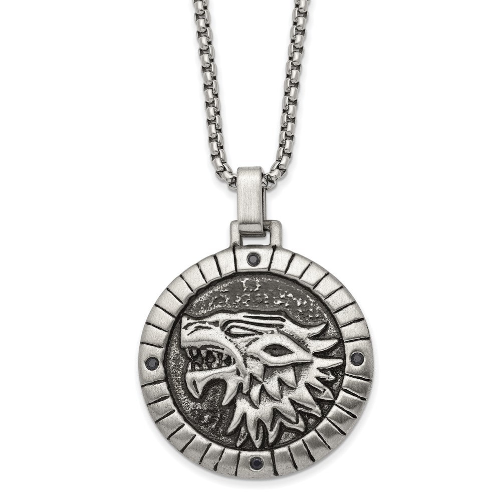 Stainless Steel &amp; Black CZ Antiqued Chimera Disc Necklace, 24 Inch, Item N23038 by The Black Bow Jewelry Co.