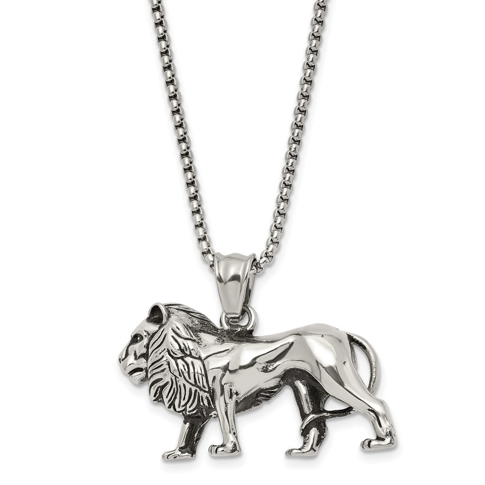 Stainless Steel Antiqued &amp; Polished Lion Necklace, 25.5 Inch, Item N23039 by The Black Bow Jewelry Co.