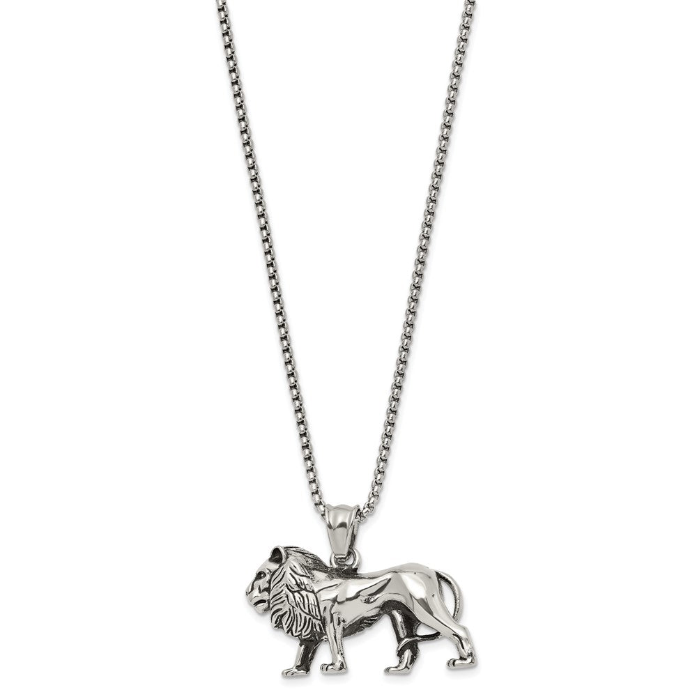 Alternate view of the Stainless Steel Antiqued &amp; Polished Lion Necklace, 25.5 Inch by The Black Bow Jewelry Co.