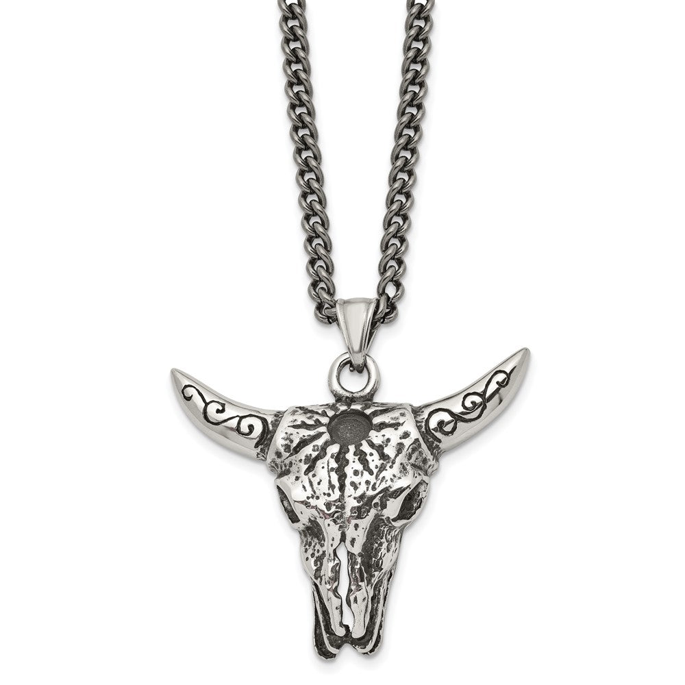 Men&#39;s Stainless Steel Antiqued XL Steer Skull Necklace, 20 Inch, Item N23040 by The Black Bow Jewelry Co.