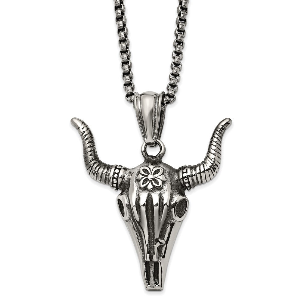 Men&#39;s Stainless Steel XL Antiqued Steer Skull Necklace, 24 Inch, Item N23041 by The Black Bow Jewelry Co.