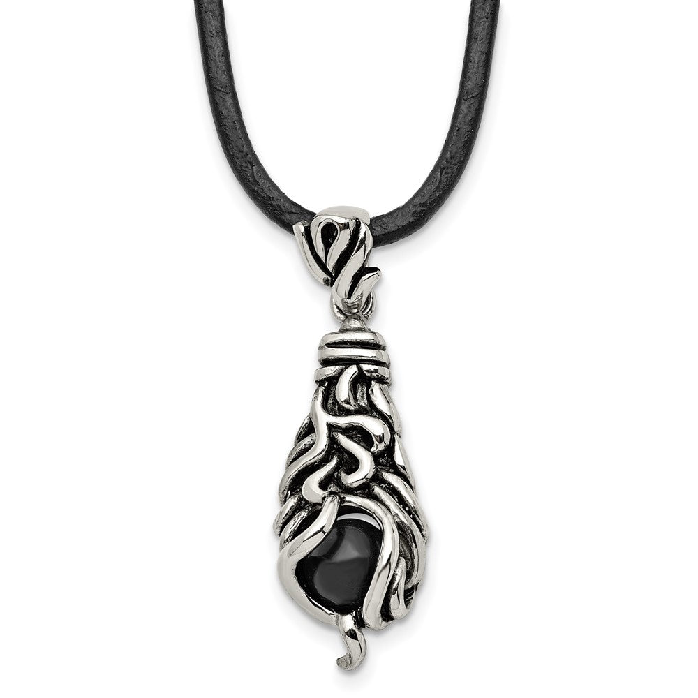 Stainless Steel, Moveable Black Agate &amp; Leather Cord Necklace, 20 Inch, Item N23042 by The Black Bow Jewelry Co.