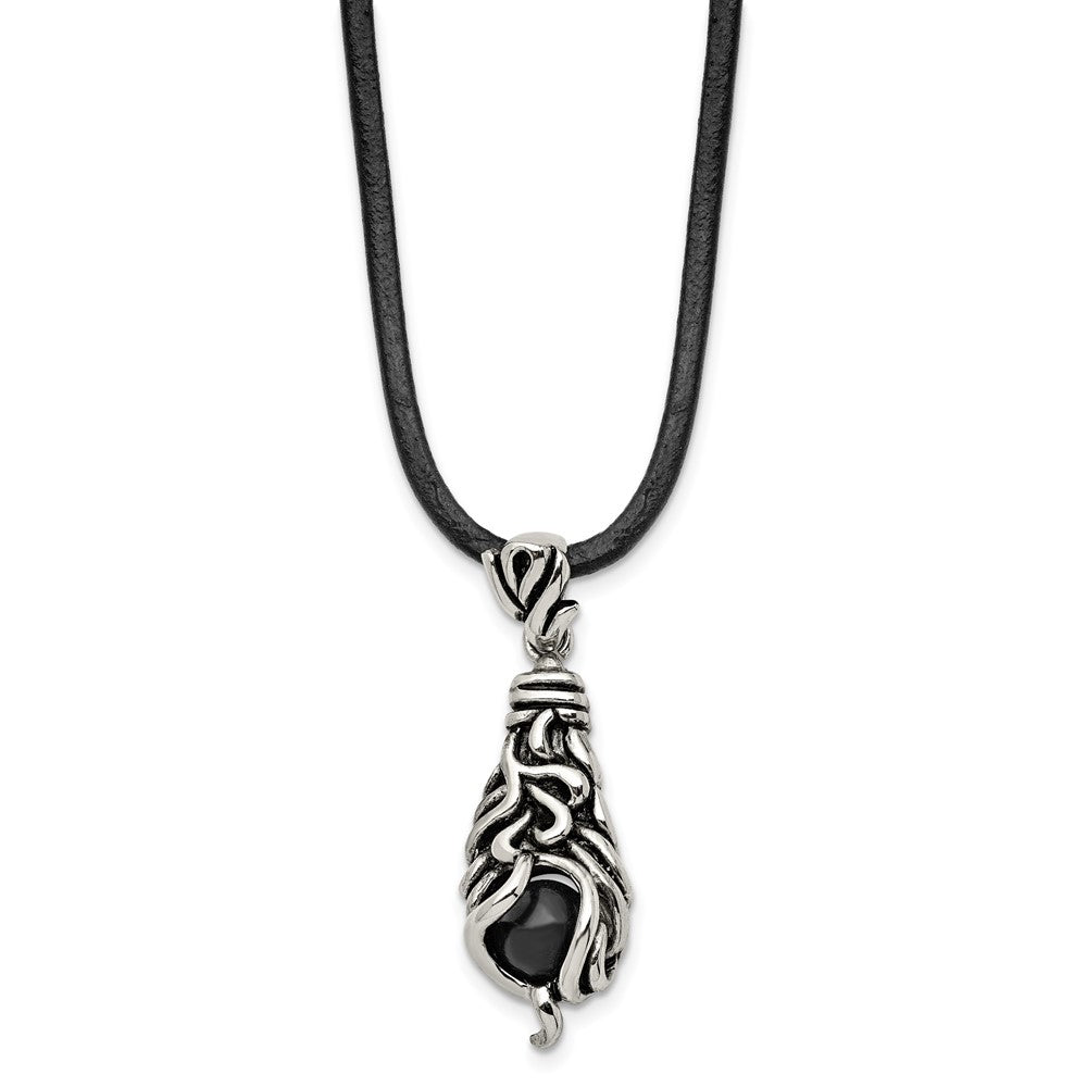 Alternate view of the Stainless Steel, Moveable Black Agate &amp; Leather Cord Necklace, 20 Inch by The Black Bow Jewelry Co.