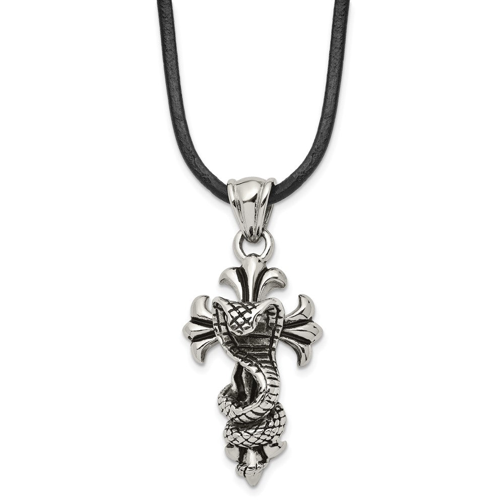 Men&#39;s Stainless Steel &amp; Leather Antiqued Snake Cross Necklace, 20 Inch, Item N23043 by The Black Bow Jewelry Co.
