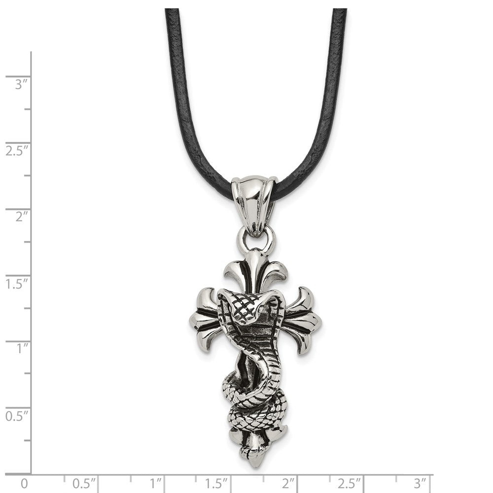 Alternate view of the Men&#39;s Stainless Steel &amp; Leather Antiqued Snake Cross Necklace, 20 Inch by The Black Bow Jewelry Co.