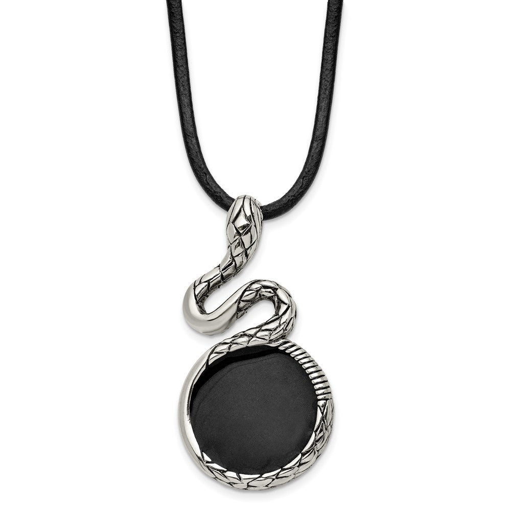 Men&#39;s Stainless Steel, Black Enamel &amp; Leather Snake Necklace, 20 Inch, Item N23044 by The Black Bow Jewelry Co.