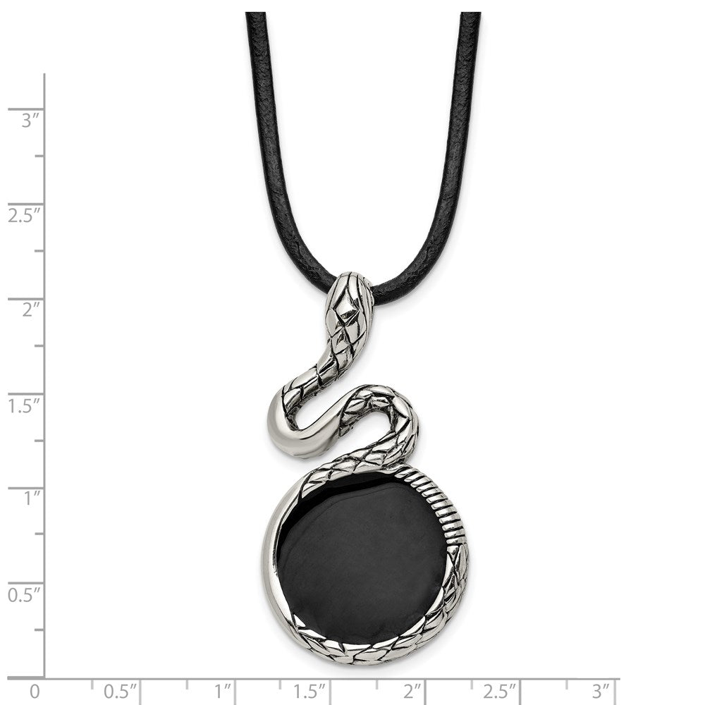 Alternate view of the Men&#39;s Stainless Steel, Black Enamel &amp; Leather Snake Necklace, 20 Inch by The Black Bow Jewelry Co.
