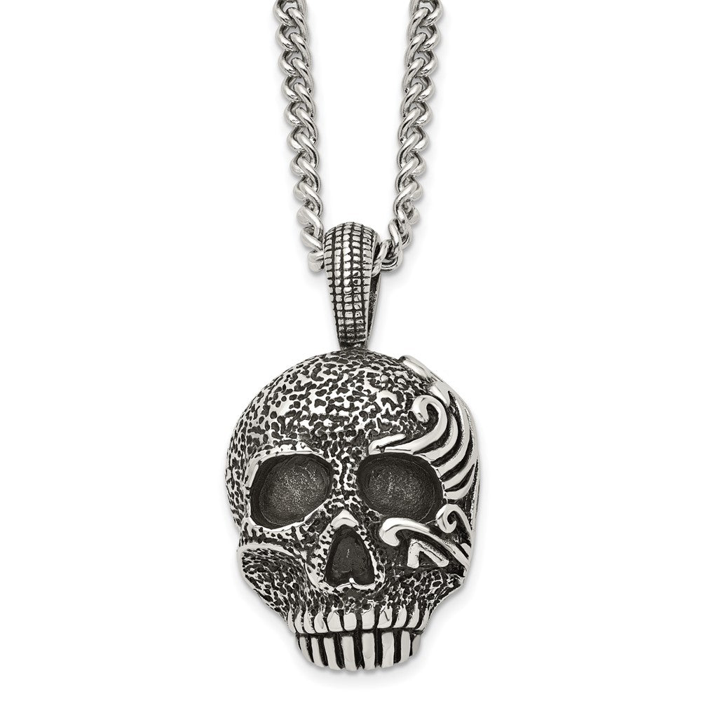 Men&#39;s Stainless Steel Large Antiqued Skull Necklace, 24 Inch, Item N23049 by The Black Bow Jewelry Co.
