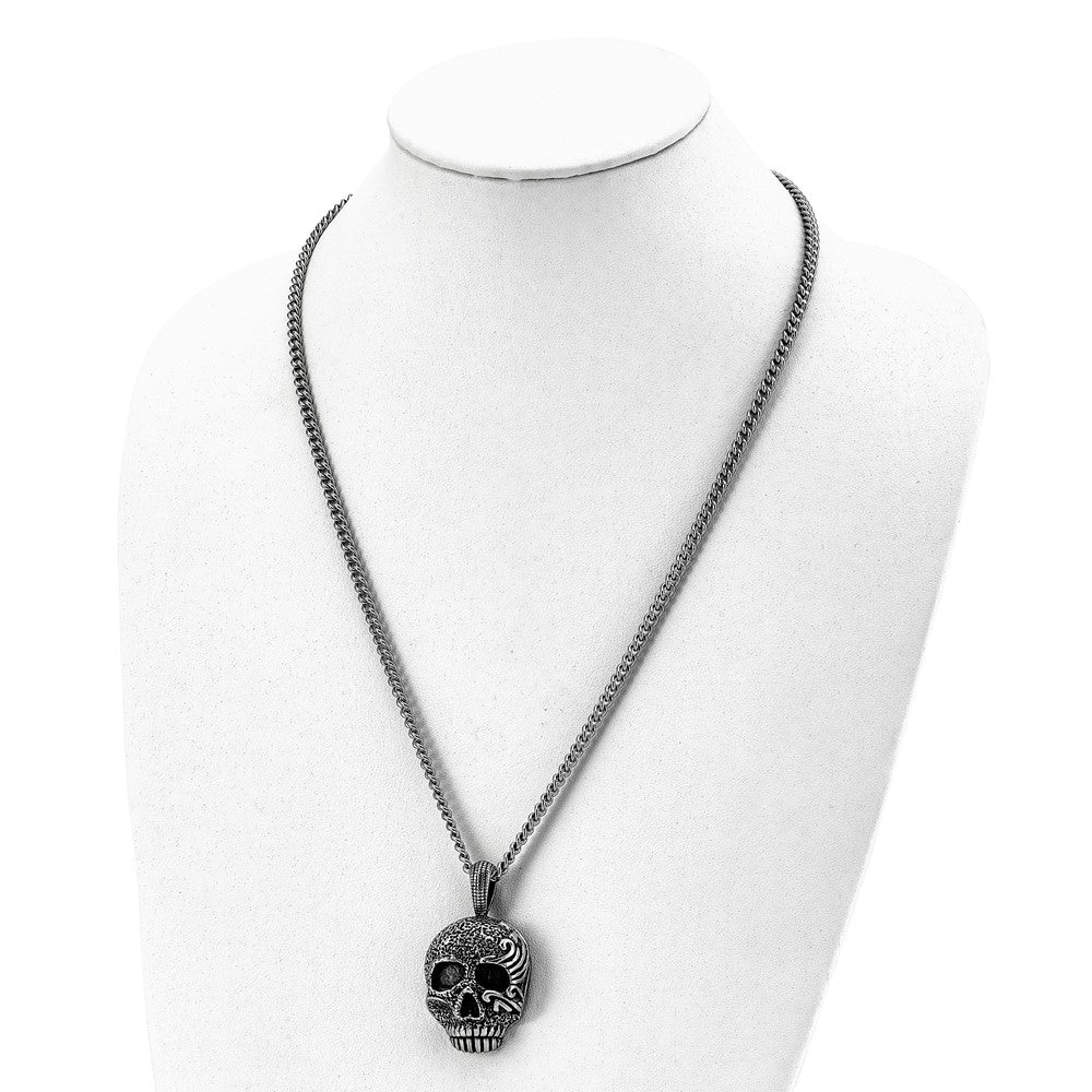 Alternate view of the Men&#39;s Stainless Steel Large Antiqued Skull Necklace, 24 Inch by The Black Bow Jewelry Co.