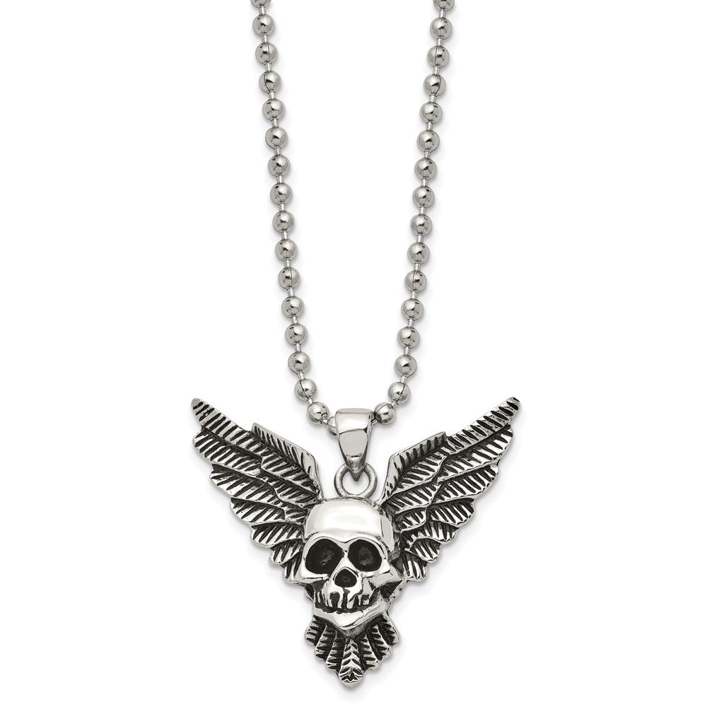 Men&#39;s Stainless Steel Antiqued &amp; Polished Winged Skull Necklace, 22 In, Item N23050 by The Black Bow Jewelry Co.