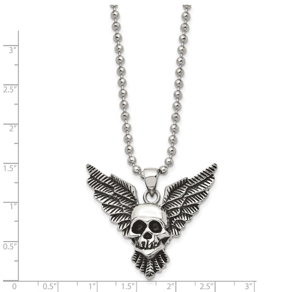 Alternate view of the Men&#39;s Stainless Steel Antiqued &amp; Polished Winged Skull Necklace, 22 In by The Black Bow Jewelry Co.