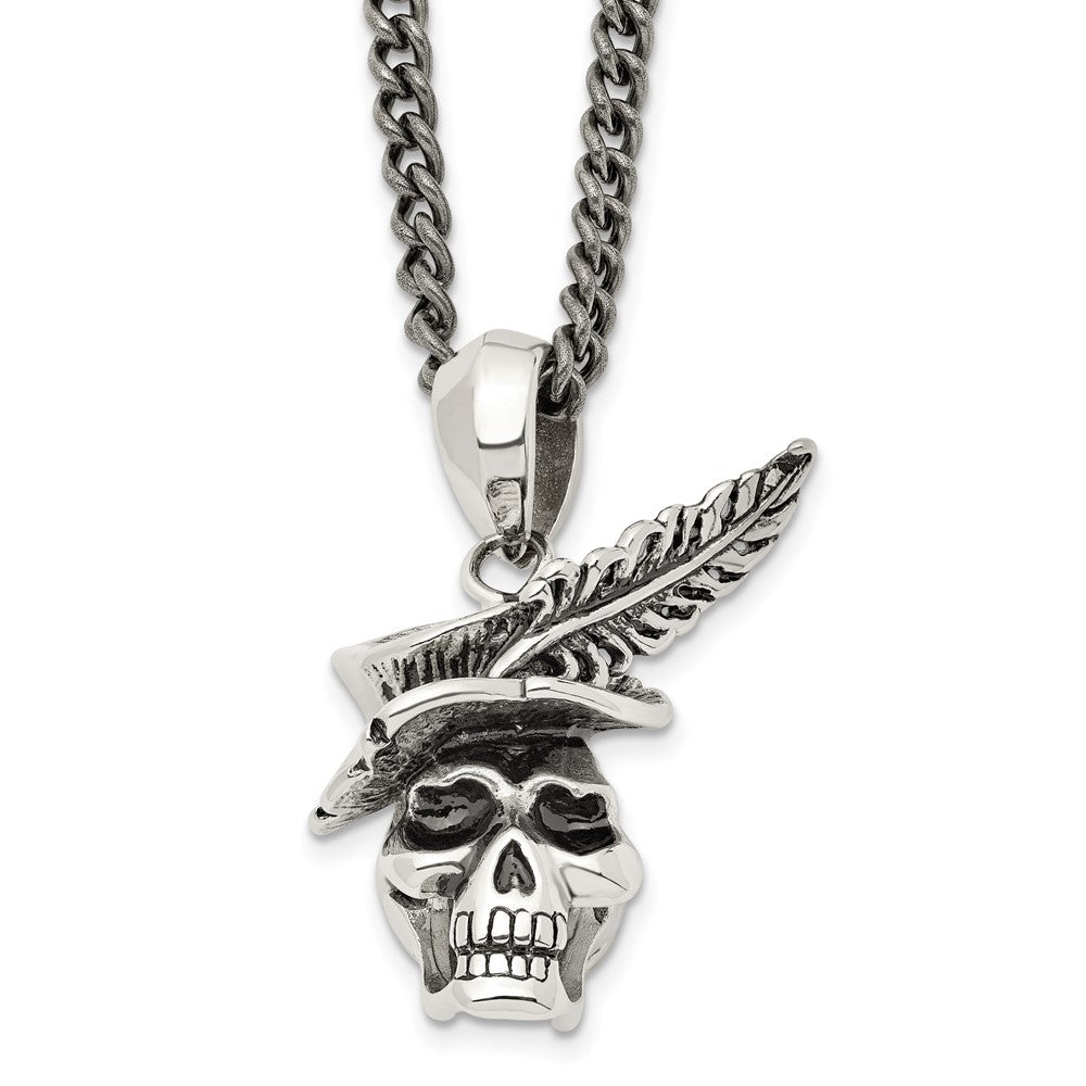 Stainless Steel Antiqued 3D Feather Hat Skull Necklace, 22 Inch, Item N23052 by The Black Bow Jewelry Co.