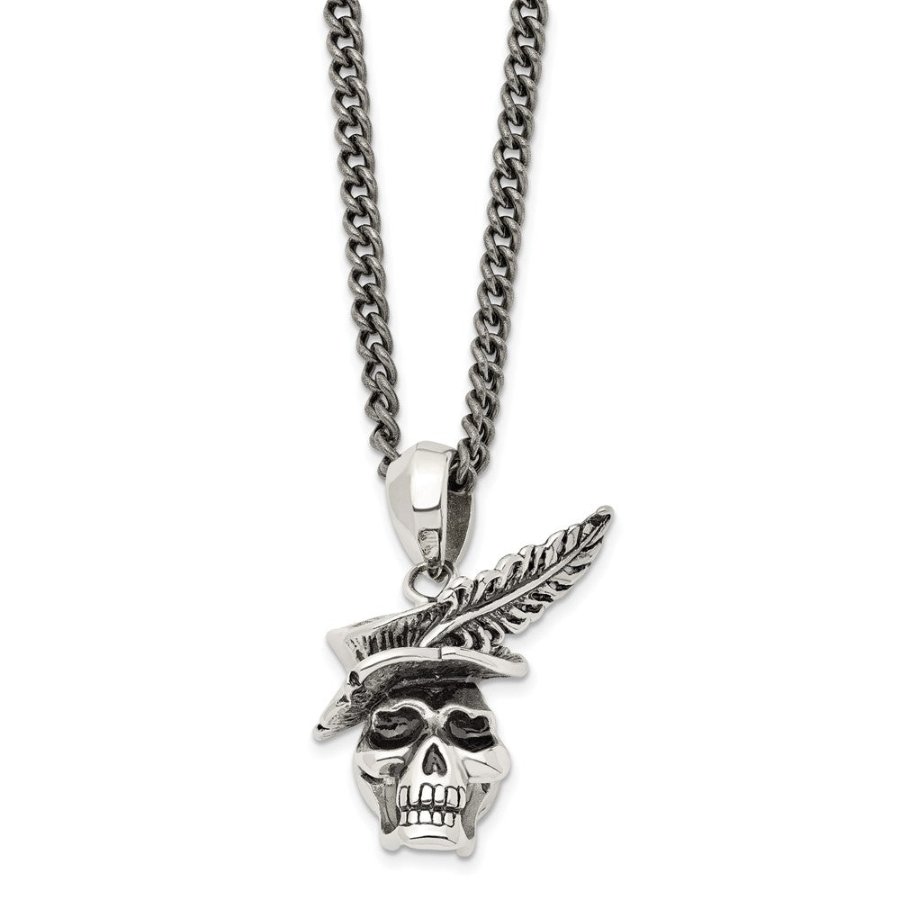 Alternate view of the Stainless Steel Antiqued 3D Feather Hat Skull Necklace, 22 Inch by The Black Bow Jewelry Co.