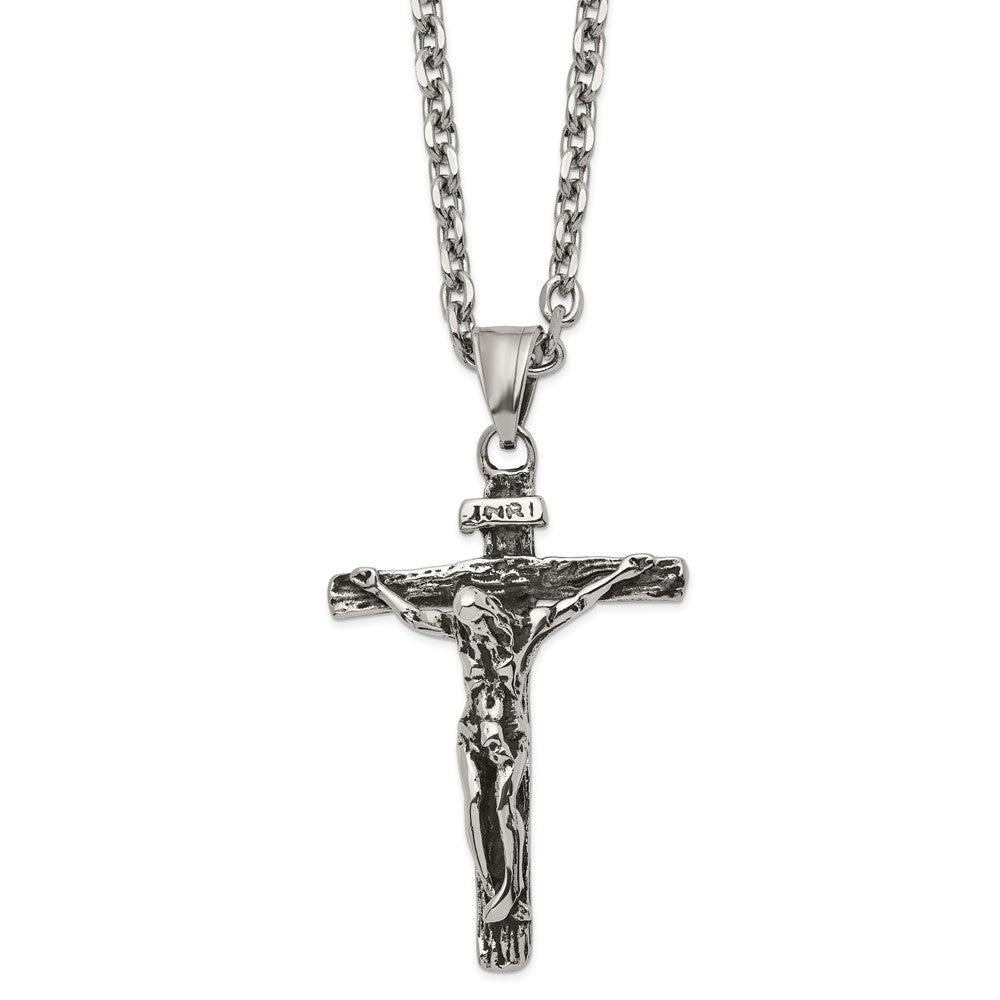 Men&#39;s Stainless Steel Large Antiqued INRI Crucifix Necklace, 24 Inch, Item N23081 by The Black Bow Jewelry Co.