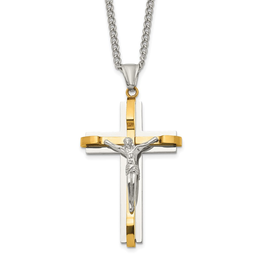 Mens Stainless Steel &amp; Gold Tone Plated XL Crucifix Necklace, 24 Inch, Item N23086 by The Black Bow Jewelry Co.