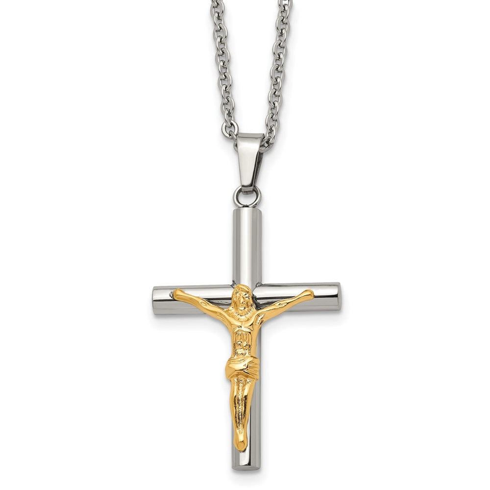 Stainless Steel Gold Tone Plated Crucifix Tube Cross Necklace, 20 Inch, Item N23094 by The Black Bow Jewelry Co.