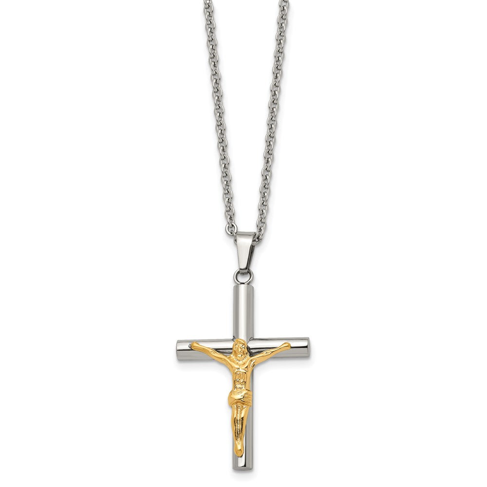 Alternate view of the Stainless Steel Gold Tone Plated Crucifix Tube Cross Necklace, 20 Inch by The Black Bow Jewelry Co.
