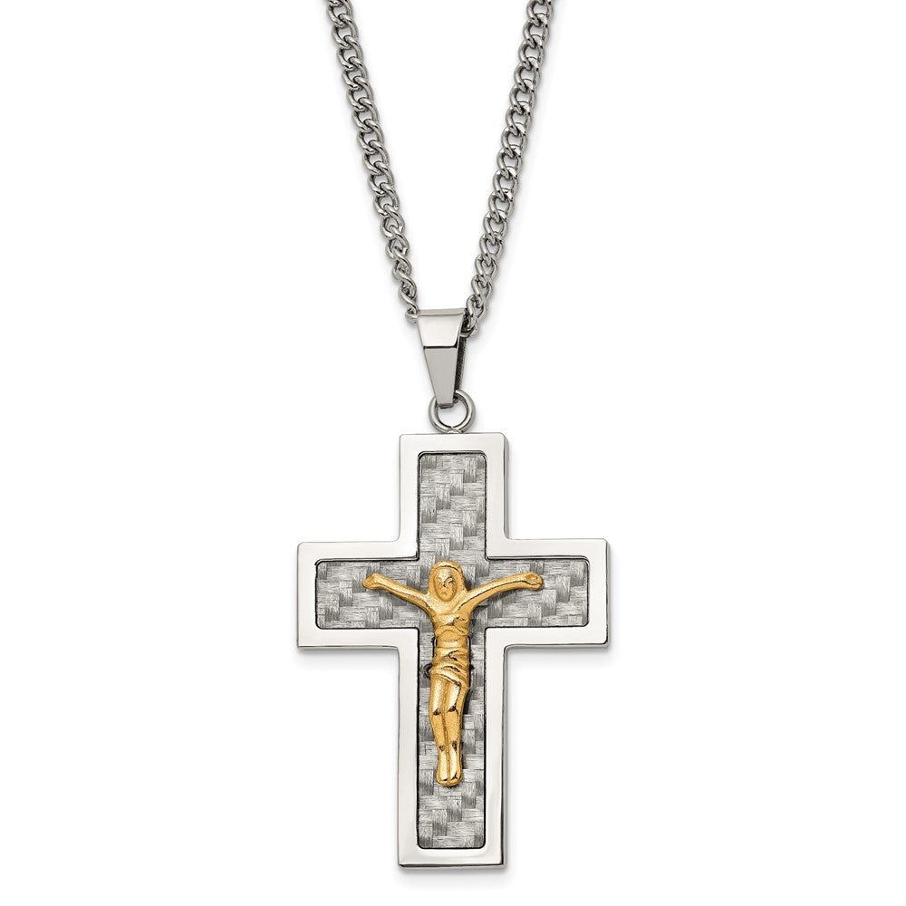 Stainless Steel, Gold Tone, Gray Carbon Fiber Crucifix Necklace, 24 In, Item N23100 by The Black Bow Jewelry Co.