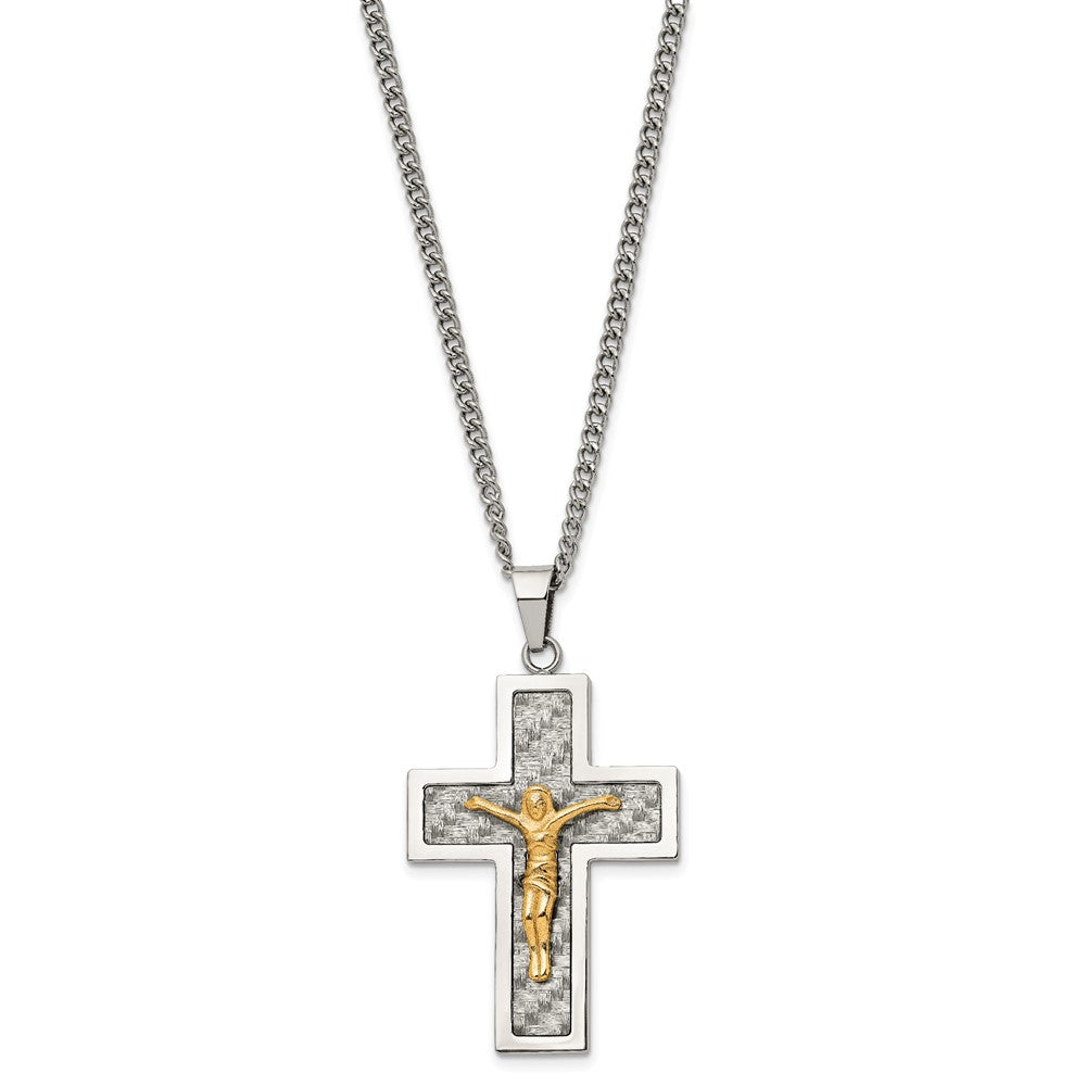 Alternate view of the Stainless Steel, Gold Tone, Gray Carbon Fiber Crucifix Necklace, 24 In by The Black Bow Jewelry Co.
