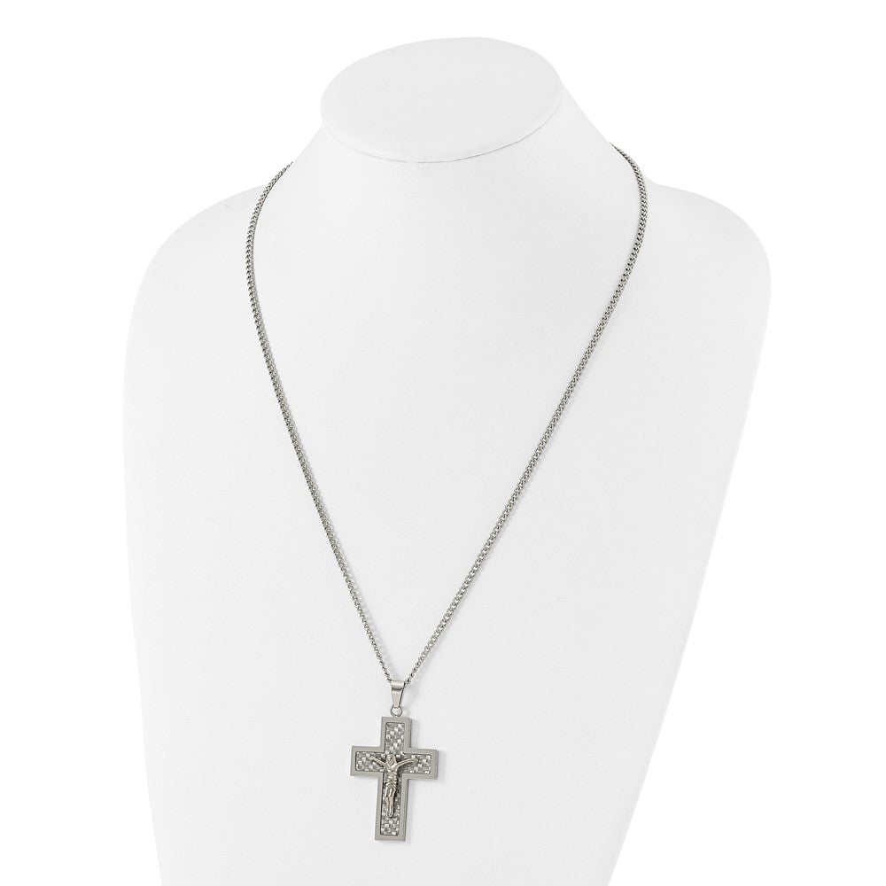 Alternate view of the Stainless Steel, Gold Tone, Gray Carbon Fiber Crucifix Necklace, 24 In by The Black Bow Jewelry Co.