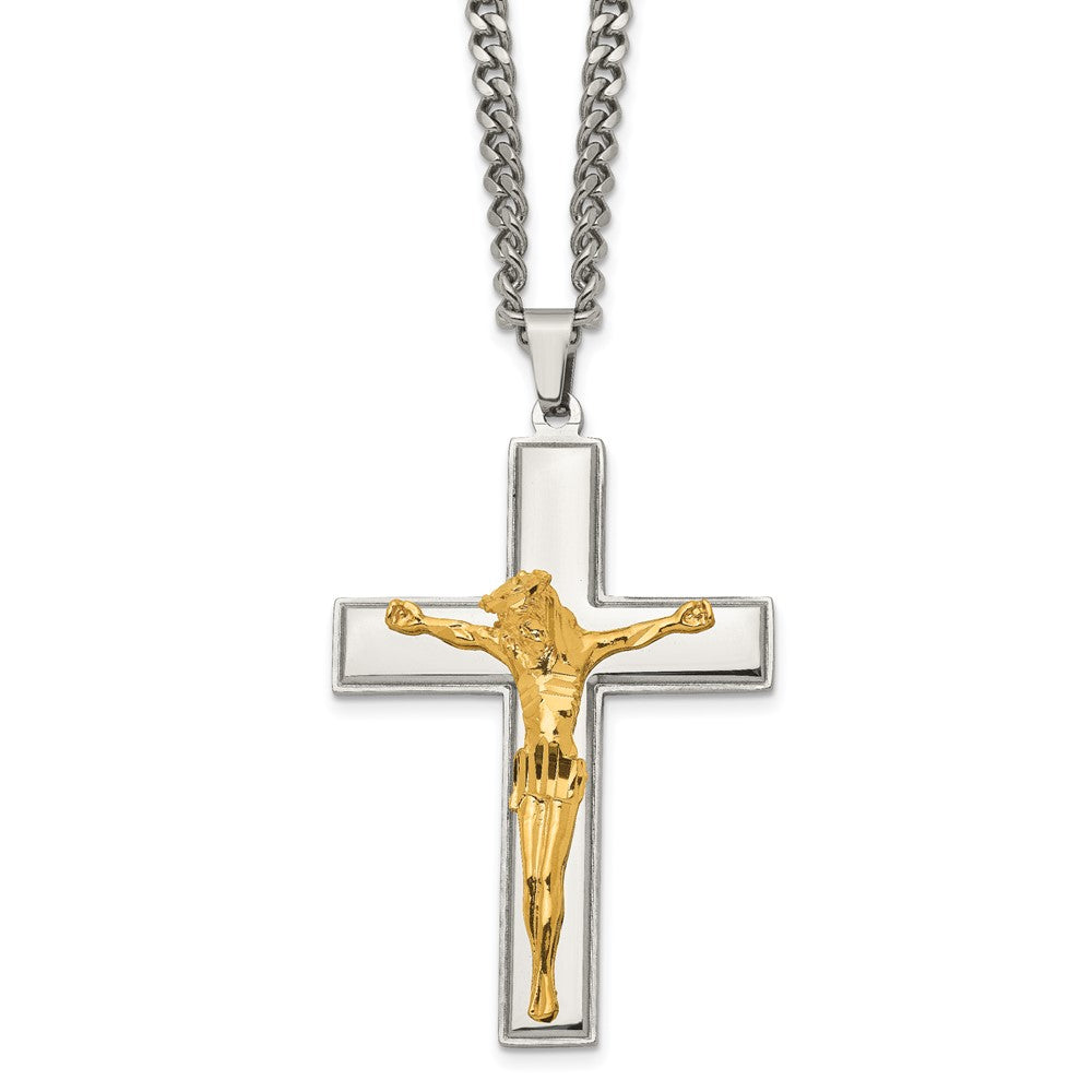 Stainless Steel &amp; Gold Tone Plated Large Crucifix Necklace, 24 Inch, Item N23101 by The Black Bow Jewelry Co.