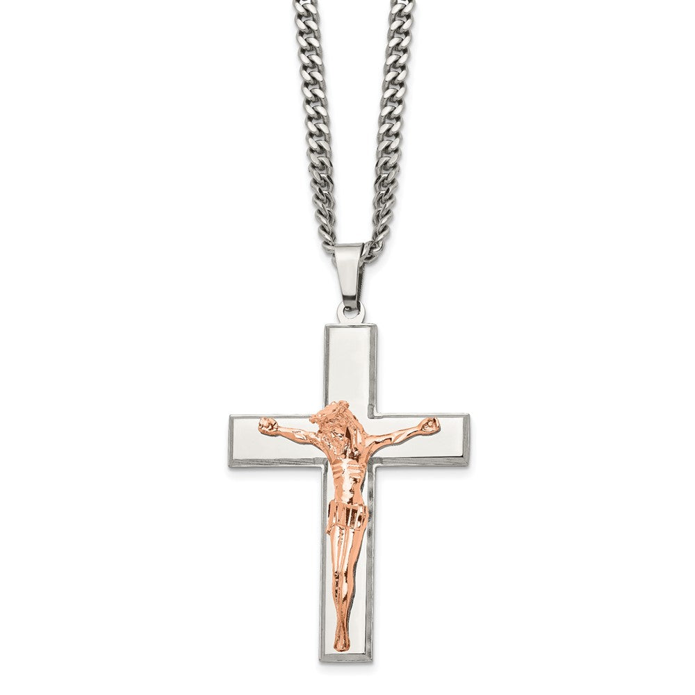 Stainless Steel &amp; Rose Tone Plated Large Crucifix Necklace, 24 Inch, Item N23102 by The Black Bow Jewelry Co.