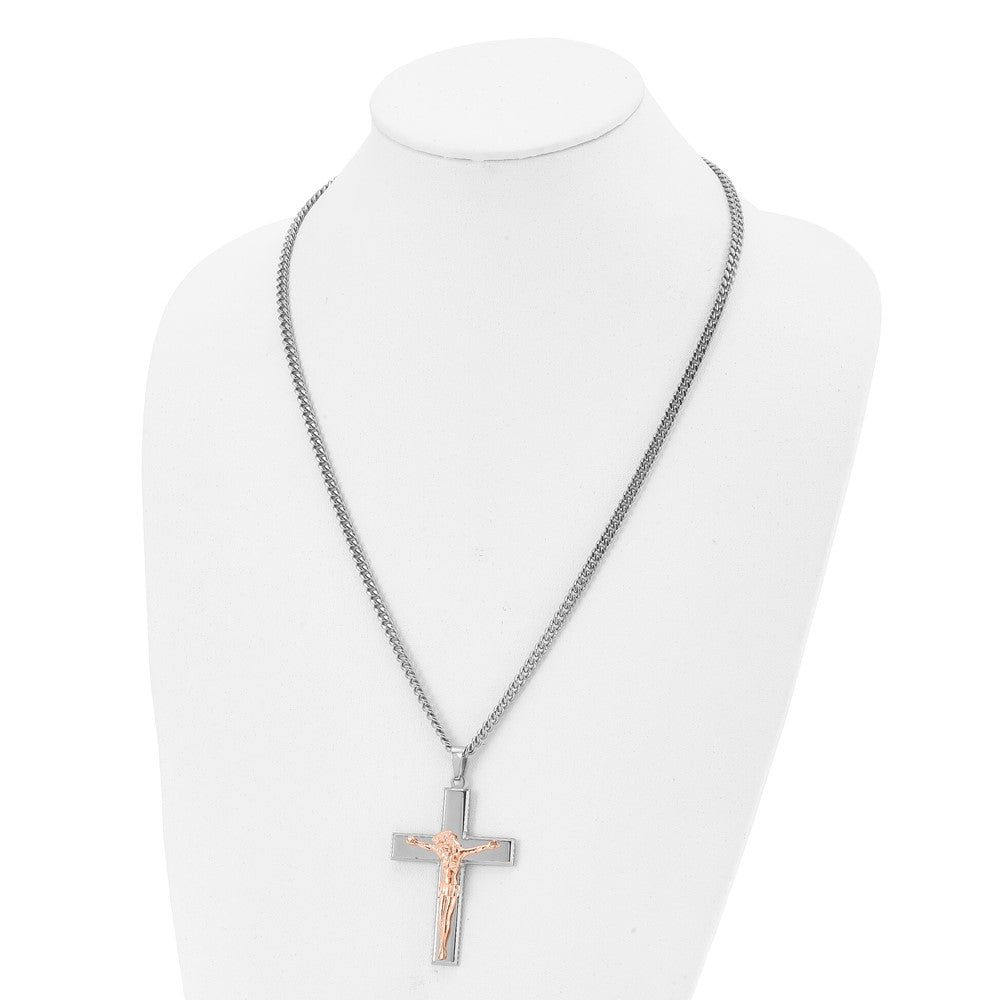 Alternate view of the Stainless Steel &amp; Rose Tone Plated Large Crucifix Necklace, 24 Inch by The Black Bow Jewelry Co.
