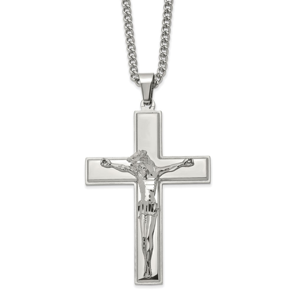 Men&#39;s Stainless Steel Large Polished Crucifix Necklace, 24 Inch, Item N23104 by The Black Bow Jewelry Co.