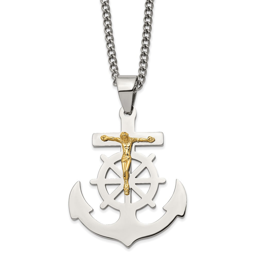 Stainless Steel &amp; Gold Tone Plated Mariner Crucifix Necklace, 24 Inch, Item N23109 by The Black Bow Jewelry Co.