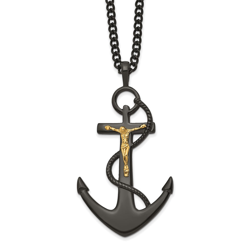 Stainless Steel Black &amp; Gold Tone Plated Crucifix Anchor Necklace 24in, Item N23110 by The Black Bow Jewelry Co.