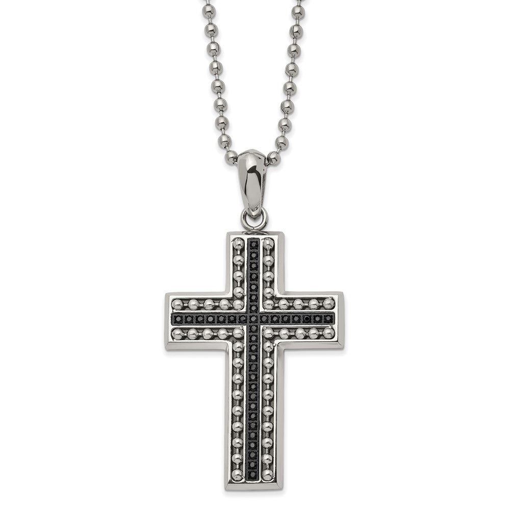 Men&#39;s Stainless Steel Black CZ Polished Beaded Cross Necklace, 22 Inch, Item N23129 by The Black Bow Jewelry Co.