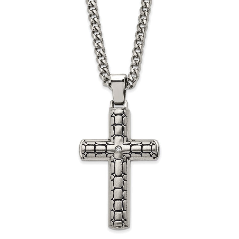 Stainless Steel CZ Antiqued Brushed Cobblestone Cross Necklace, 24 In, Item N23153 by The Black Bow Jewelry Co.