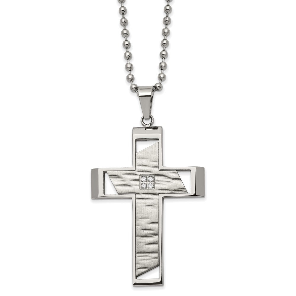 Men&#39;s Stainless Steel &amp; CZ Brushed &amp; Textured Cross Necklace, 22 Inch, Item N23154 by The Black Bow Jewelry Co.