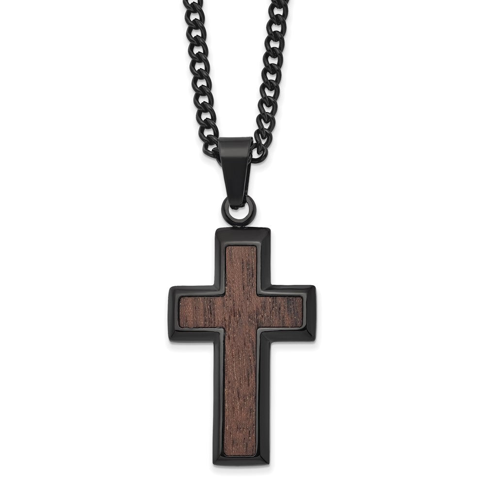 Mens Black Plated Stainless Steel &amp; Wood Inlay Cross Necklace, 24 Inch, Item N23199 by The Black Bow Jewelry Co.