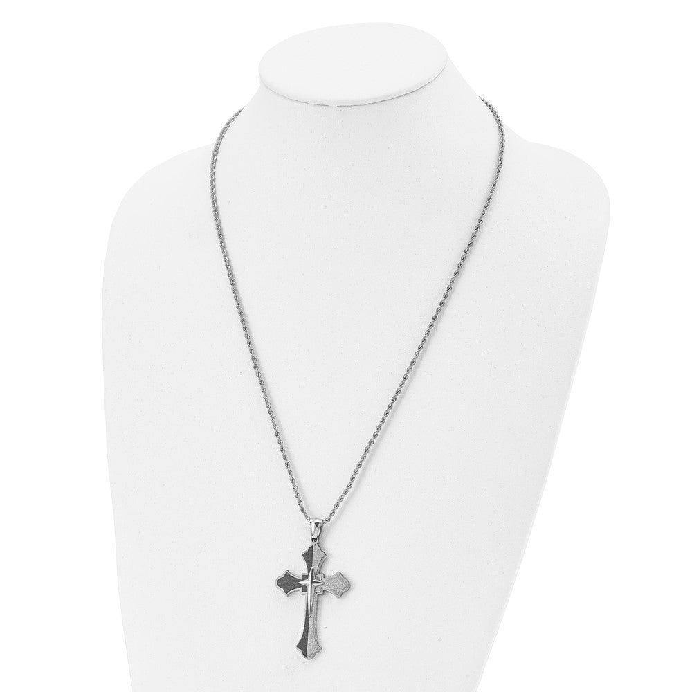 Stainless Steel & Black Plated Large Fleur de lis Cross Necklace