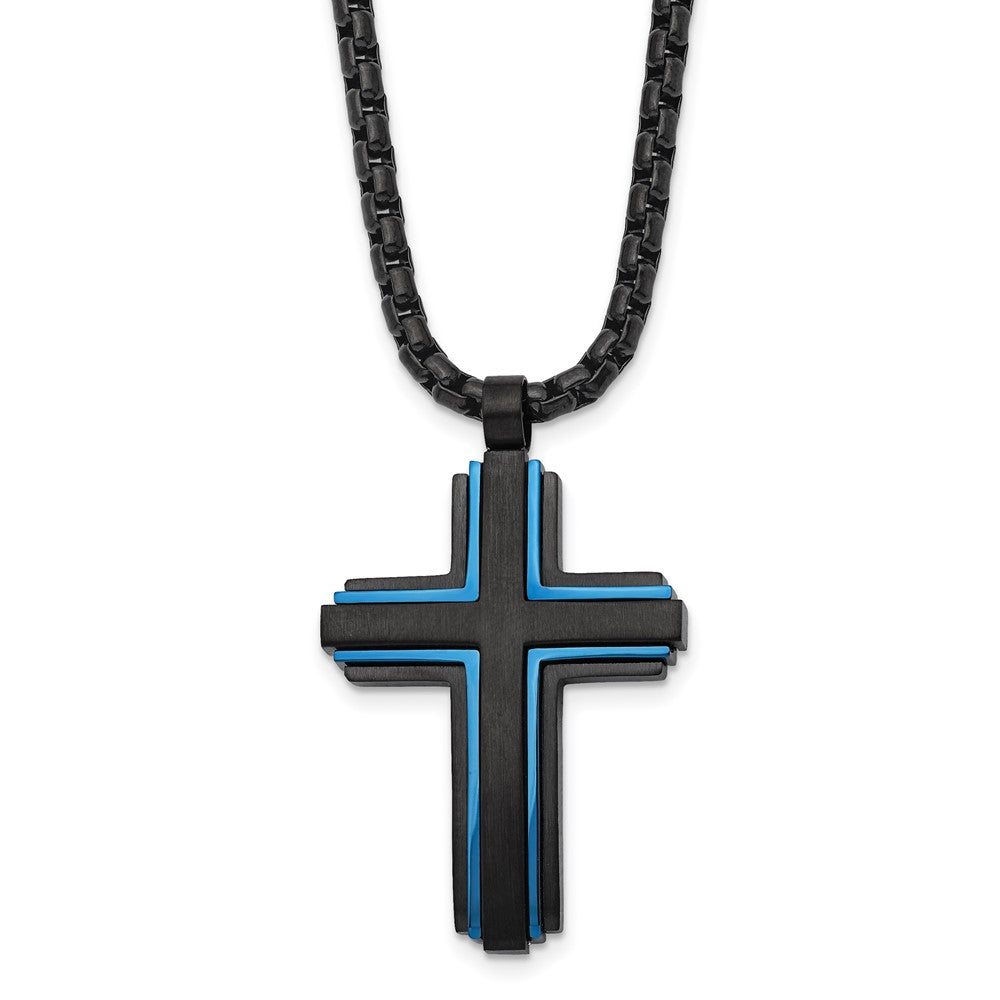 Men&#39;s Black &amp; Blue Plated Stainless Steel Cross Necklace, 24 Inch, Item N23203 by The Black Bow Jewelry Co.