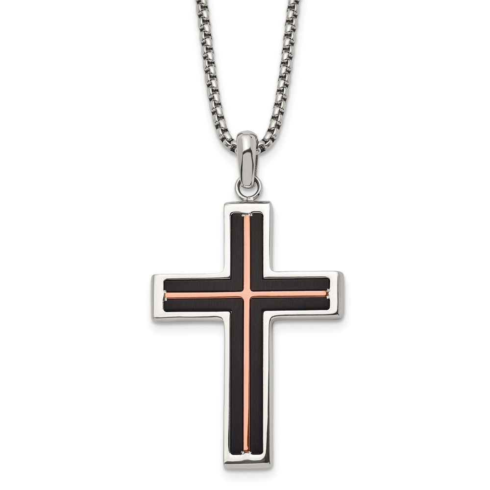 Stainless Steel Black &amp; Rose Tone Plated Cross Necklace, 24 Inch, Item N23205 by The Black Bow Jewelry Co.