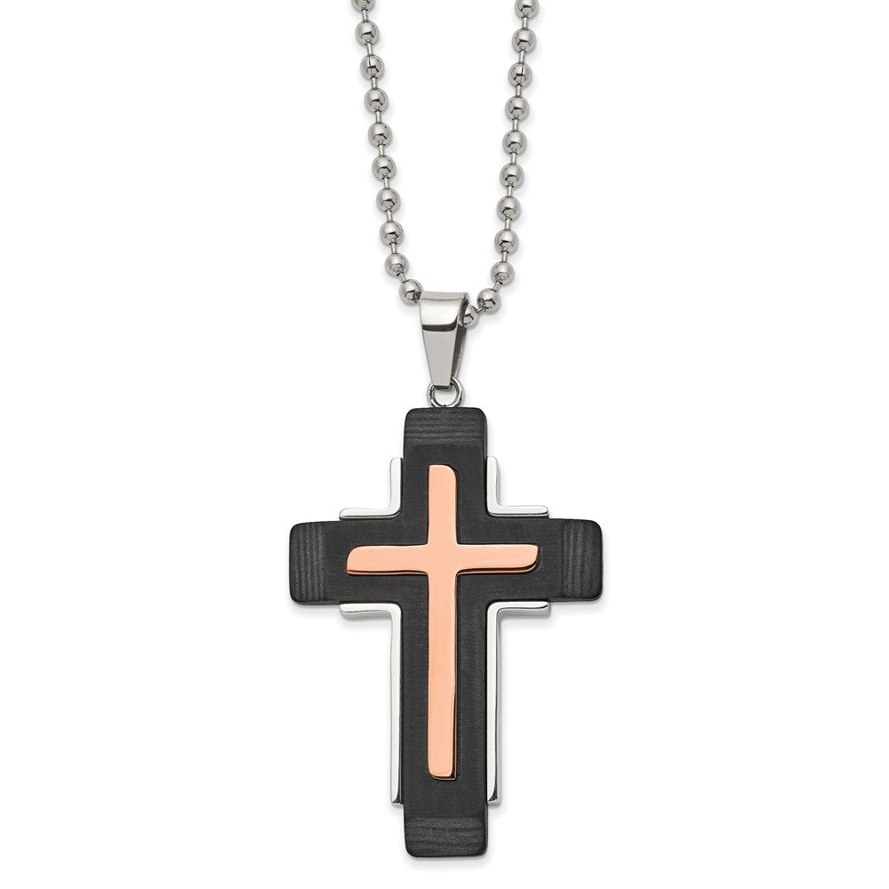 Stainless Steel Rose Plated &amp; Black Carbon Fiber Cross Necklace, 22 In, Item N23207 by The Black Bow Jewelry Co.