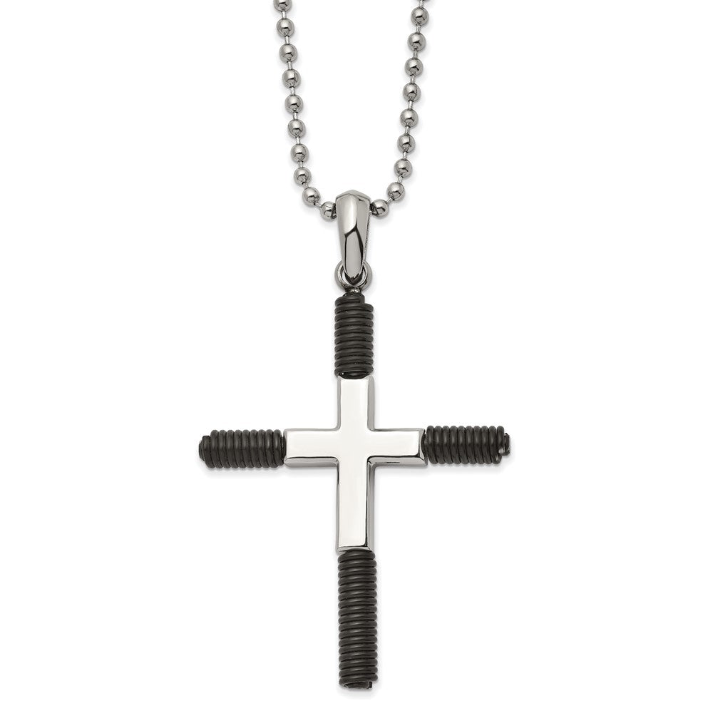 Mens Stainless Steel &amp; Black Plated Coiled XL Cross Necklace, 22 Inch, Item N23208 by The Black Bow Jewelry Co.