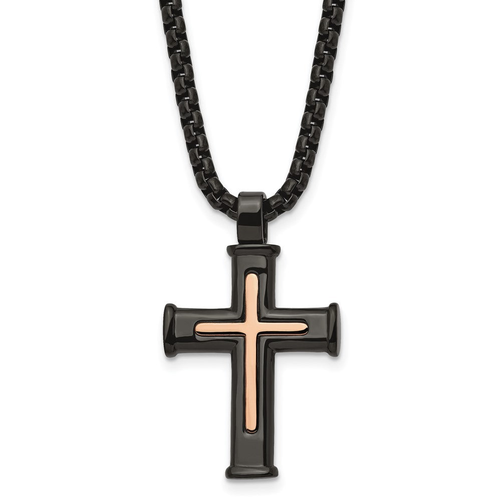 Mens Black &amp; Rose Tone Plated Stainless Steel Cross Necklace, 24 Inch, Item N23209 by The Black Bow Jewelry Co.