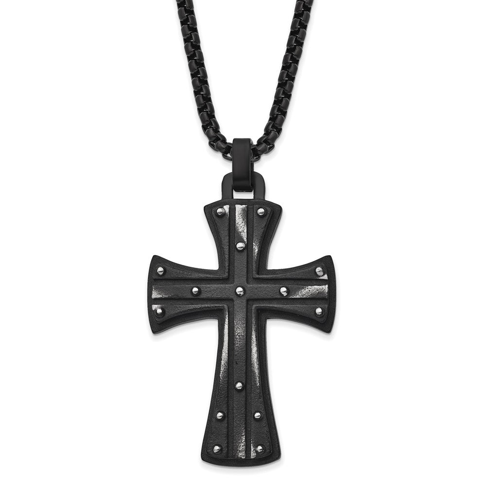 Men&#39;s Black Plated Stainless Steel Large Maltese Cross Necklace, 24 In, Item N23213 by The Black Bow Jewelry Co.