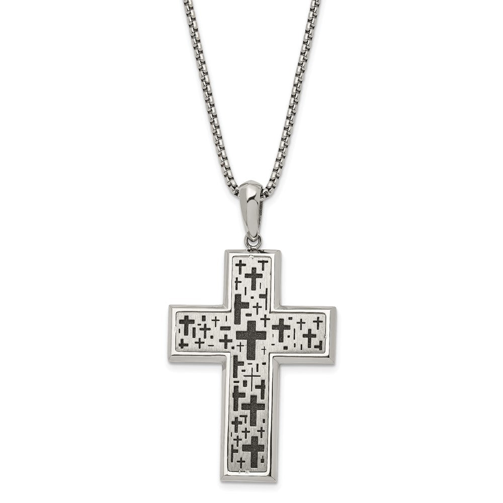 Stainless Steel Two Tone Brushed &amp; Laser Cut Cross Necklace, 24 In, Item N23216 by The Black Bow Jewelry Co.