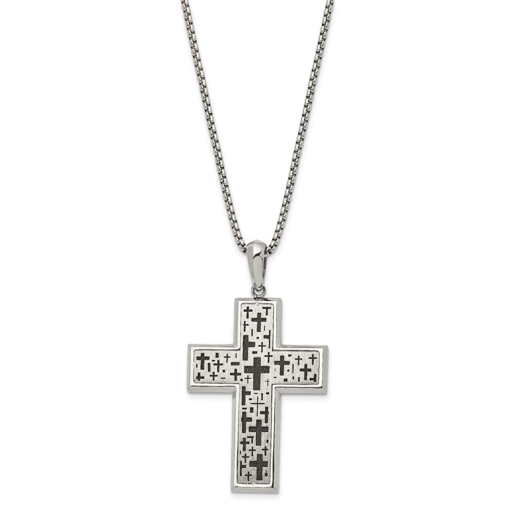 Alternate view of the Stainless Steel Two Tone Brushed &amp; Laser Cut Cross Necklace, 24 In by The Black Bow Jewelry Co.
