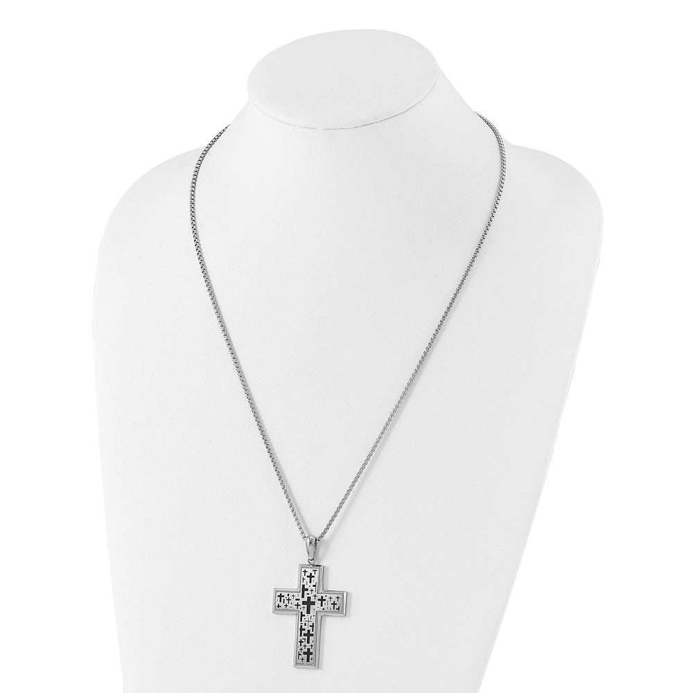 Alternate view of the Stainless Steel Two Tone Brushed &amp; Laser Cut Cross Necklace, 24 In by The Black Bow Jewelry Co.