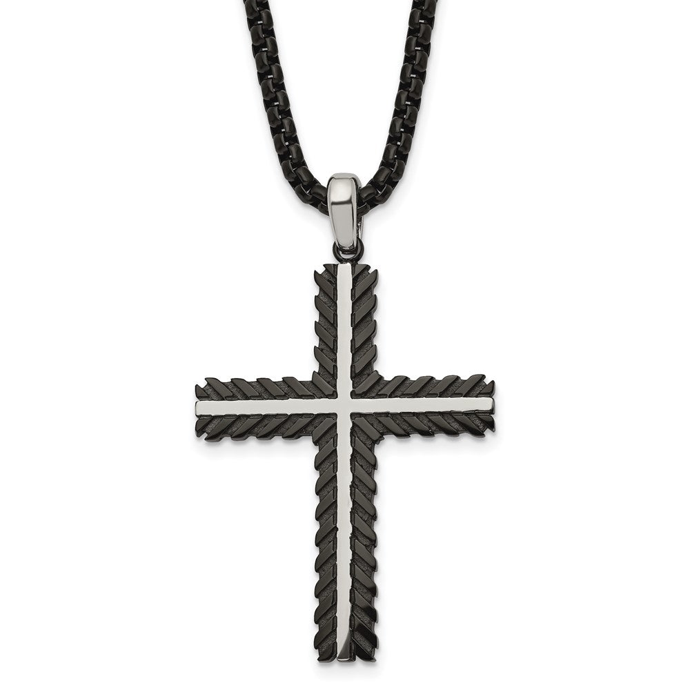 Men&#39;s Stainless Steel Polished &amp; Black Plated Cross Necklace, 24 Inch, Item N23226 by The Black Bow Jewelry Co.