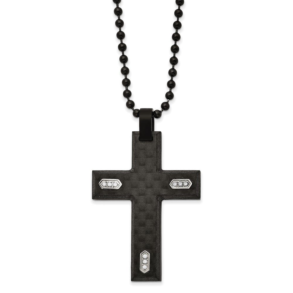 Black Plated Stainless Steel, Carbon Fiber, CZ Cross Necklace, 24 Inch, Item N23234 by The Black Bow Jewelry Co.