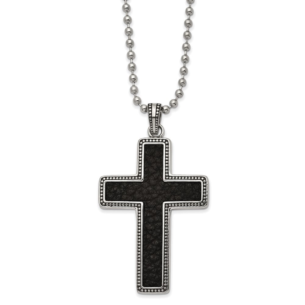 Stainless Steel &amp; Black Leather Large Antiqued Cross Necklace, 22 Inch, Item N23252 by The Black Bow Jewelry Co.